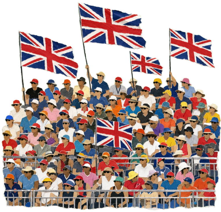 Union Jack flags waving in a packed Silverstone grandstand