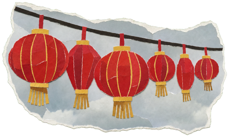 Red paper lanterns strung against a grey Shanghai sky