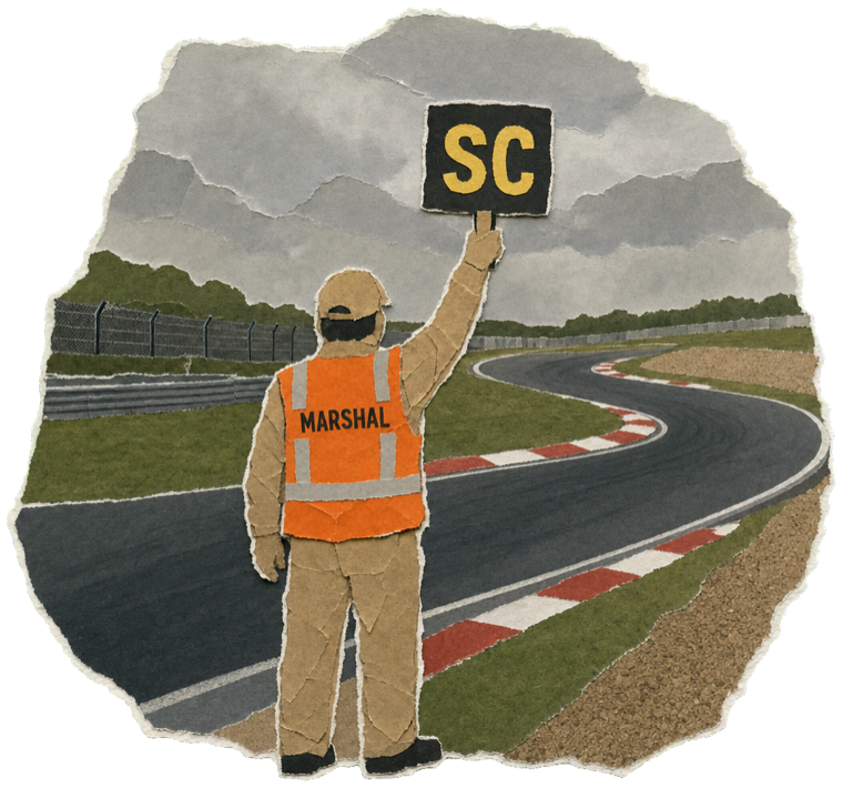 A marshal waving a safety car board at Spoon Curve