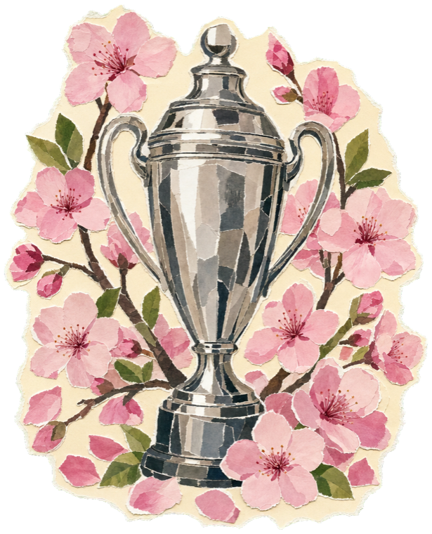 A winner's trophy with cherry blossom