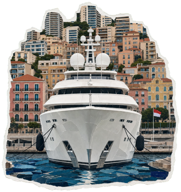 The Monaco harbour packed with superyachts beneath the Monte Carlo skyline