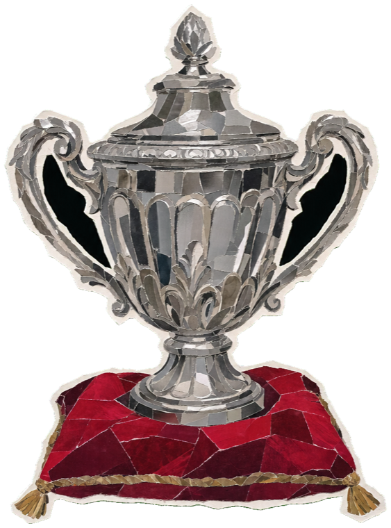 A winner's trophy on a red cushion against Monaco red-and-white