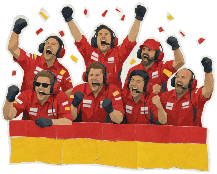 A red Ferrari pit crew celebrating with raised arms